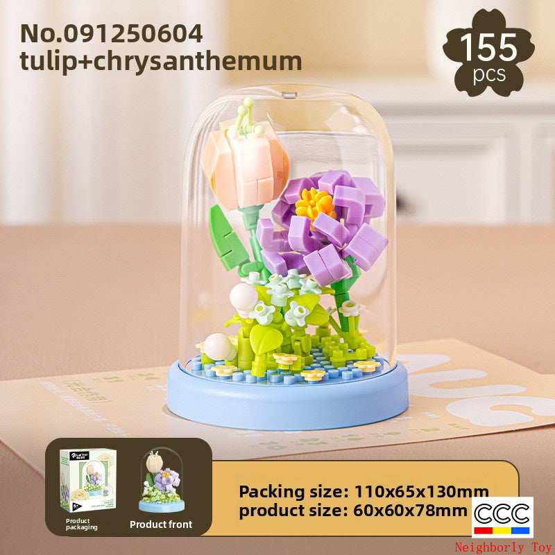 Cross-Border Building Blocks Eternal Flower Transparent Building Blocks Display Cover Home Decoration Desktop Trendy Assembly Toys Gift Wholesale