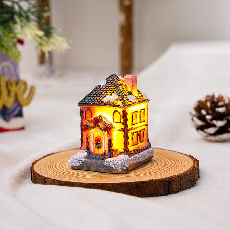 Cross-Border New Christmas Decorations Resin Christmas Small House Micro Landscape Luminous Snow House Ornaments Christmas Gifts