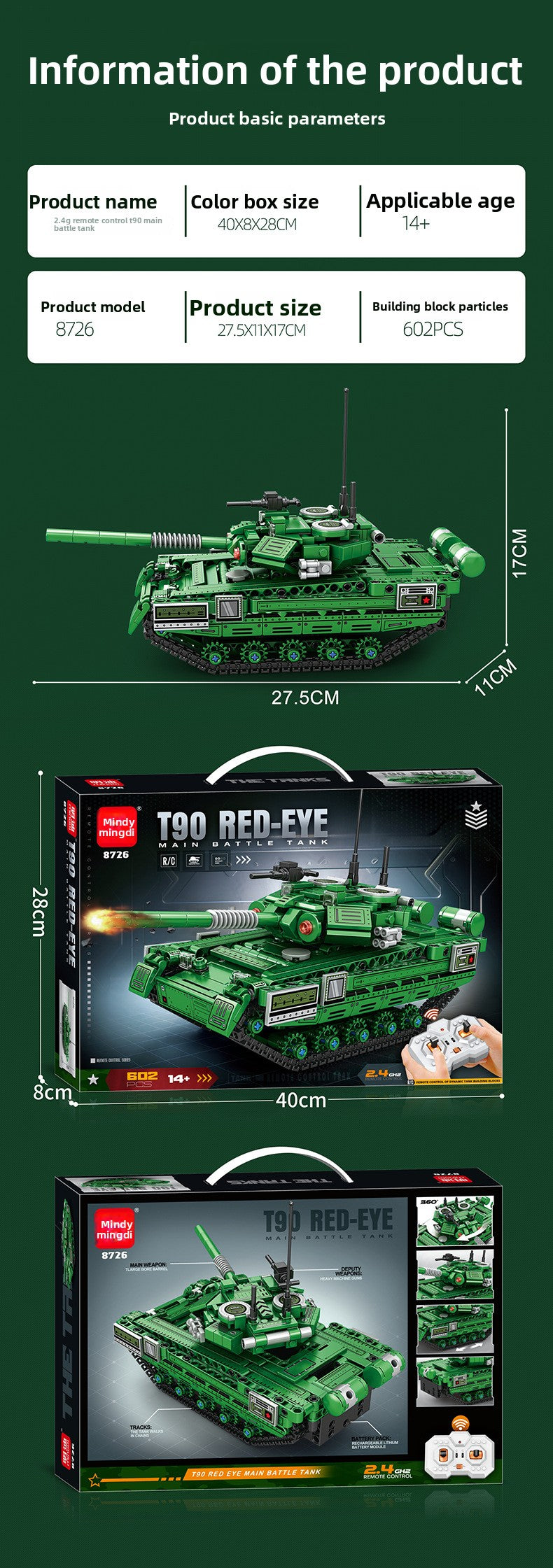 Mingdi 2.4G Remote Control Building Blocks 99A Tank Military Model Compatible with Lego Assembly Children's Toys Student Gift