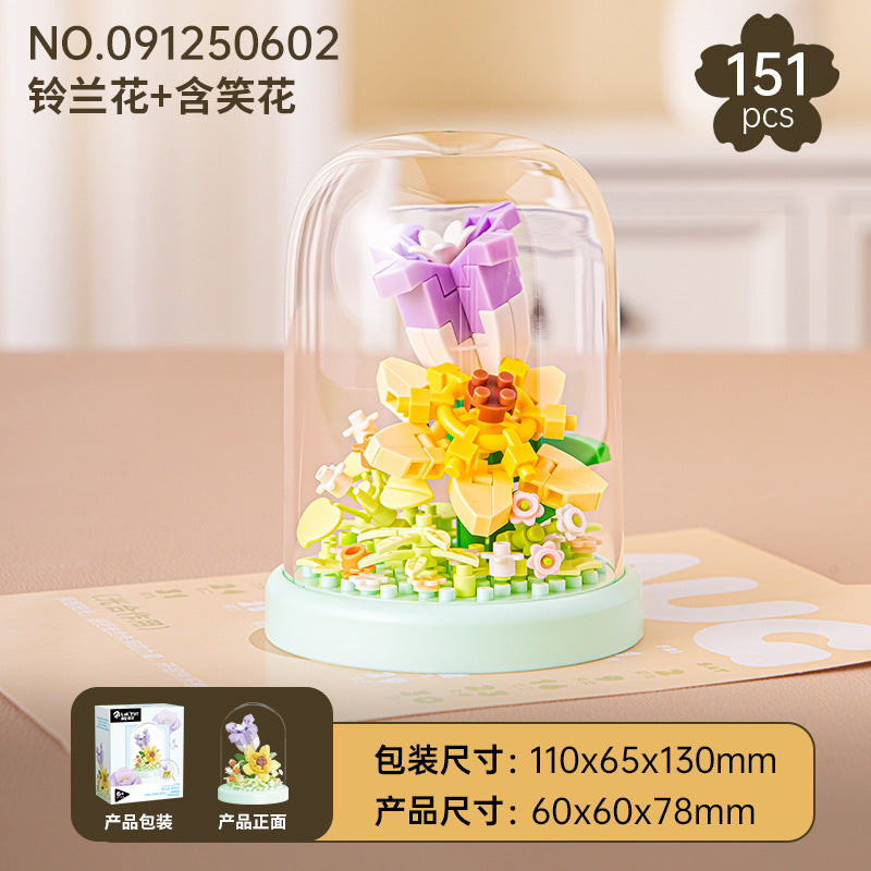 Cross-Border Building Blocks Eternal Flower Transparent Building Blocks Display Cover Home Decoration Desktop Trendy Assembly Toys Gift Wholesale