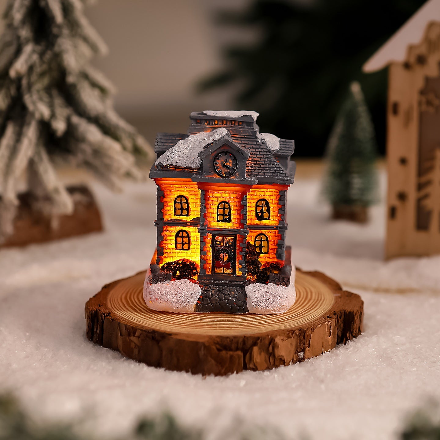 Cross-Border New Christmas Decorations Resin Christmas Small House Micro Landscape Luminous Snow House Ornaments Christmas Gifts