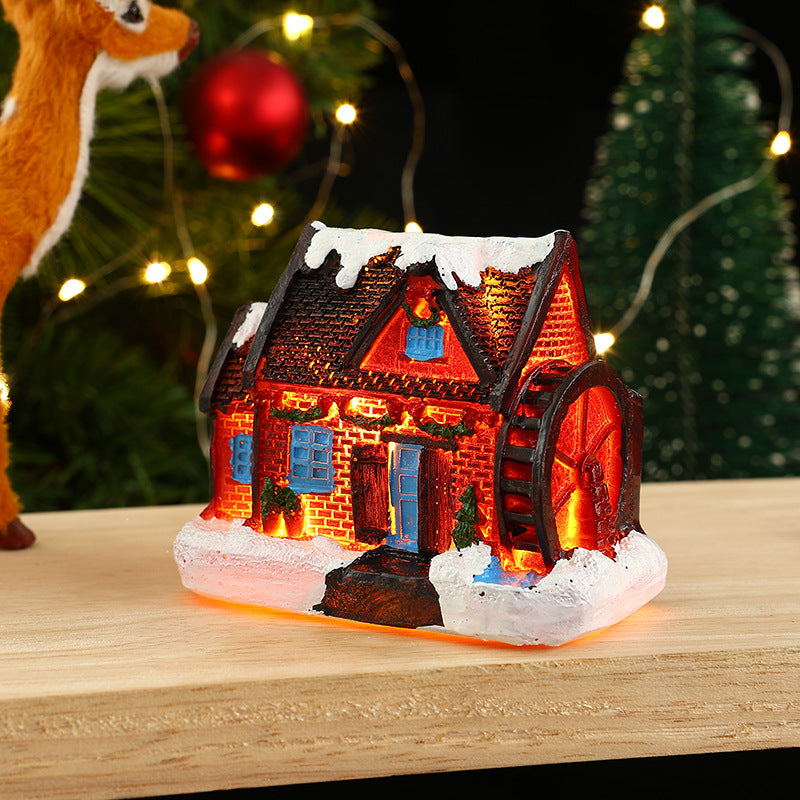 Cross-Border New Christmas Decorations Resin Christmas Small House Micro Landscape Luminous Snow House Ornaments Christmas Gifts