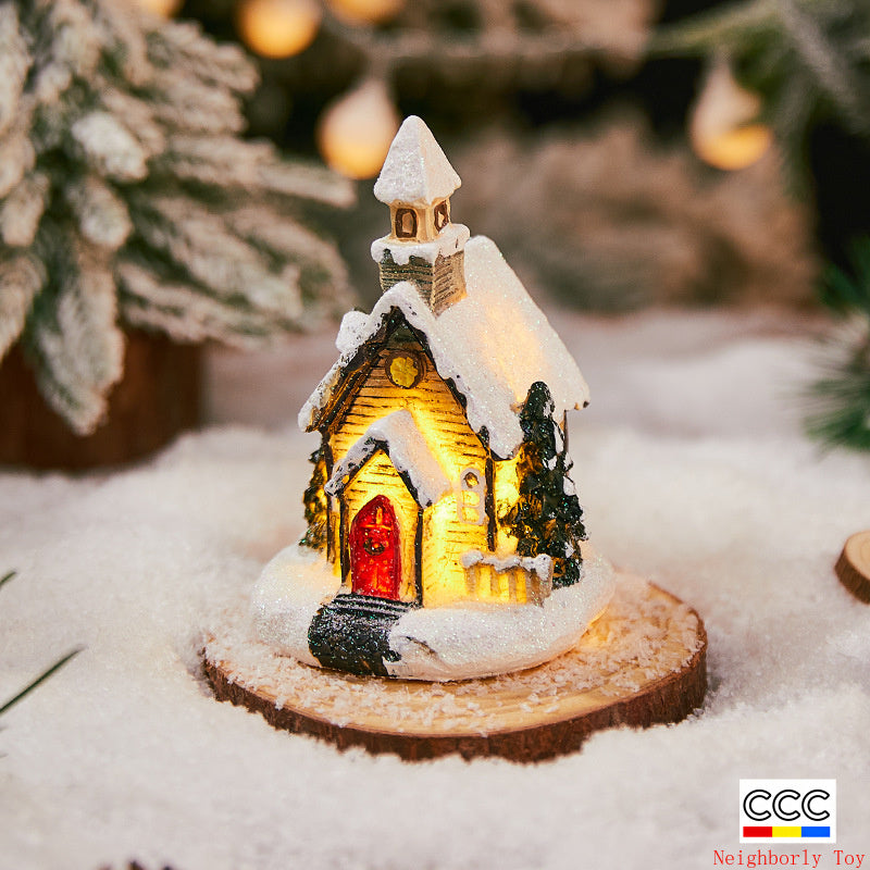 Cross-Border New Christmas Decorations Resin Christmas Small House Micro Landscape Luminous Snow House Ornaments Christmas Gifts