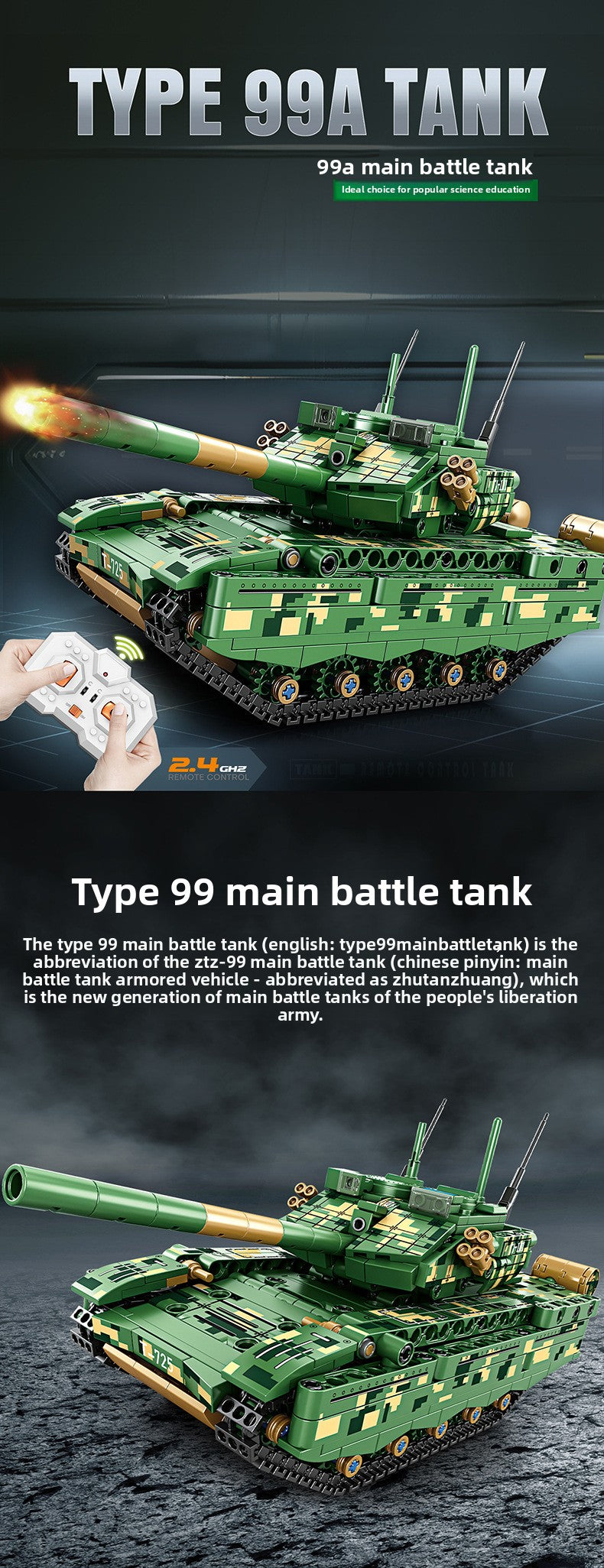 Mingdi 2.4G Remote Control Building Blocks 99A Tank Military Model Compatible with Lego Assembly Children's Toys Student Gift