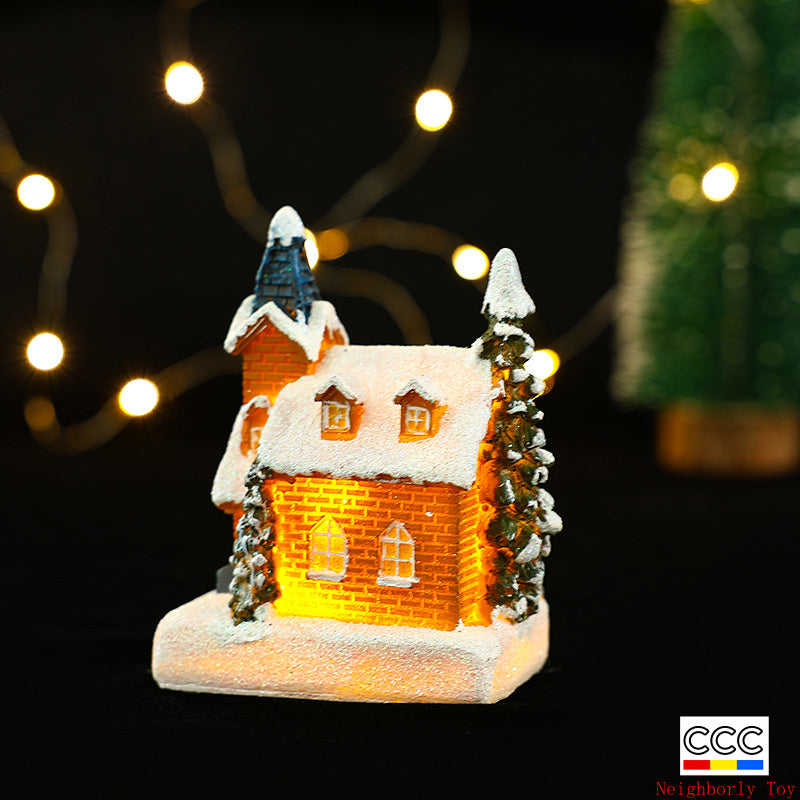 Cross-Border New Christmas Decorations Resin Christmas Small House Micro Landscape Luminous Snow House Ornaments Christmas Gifts
