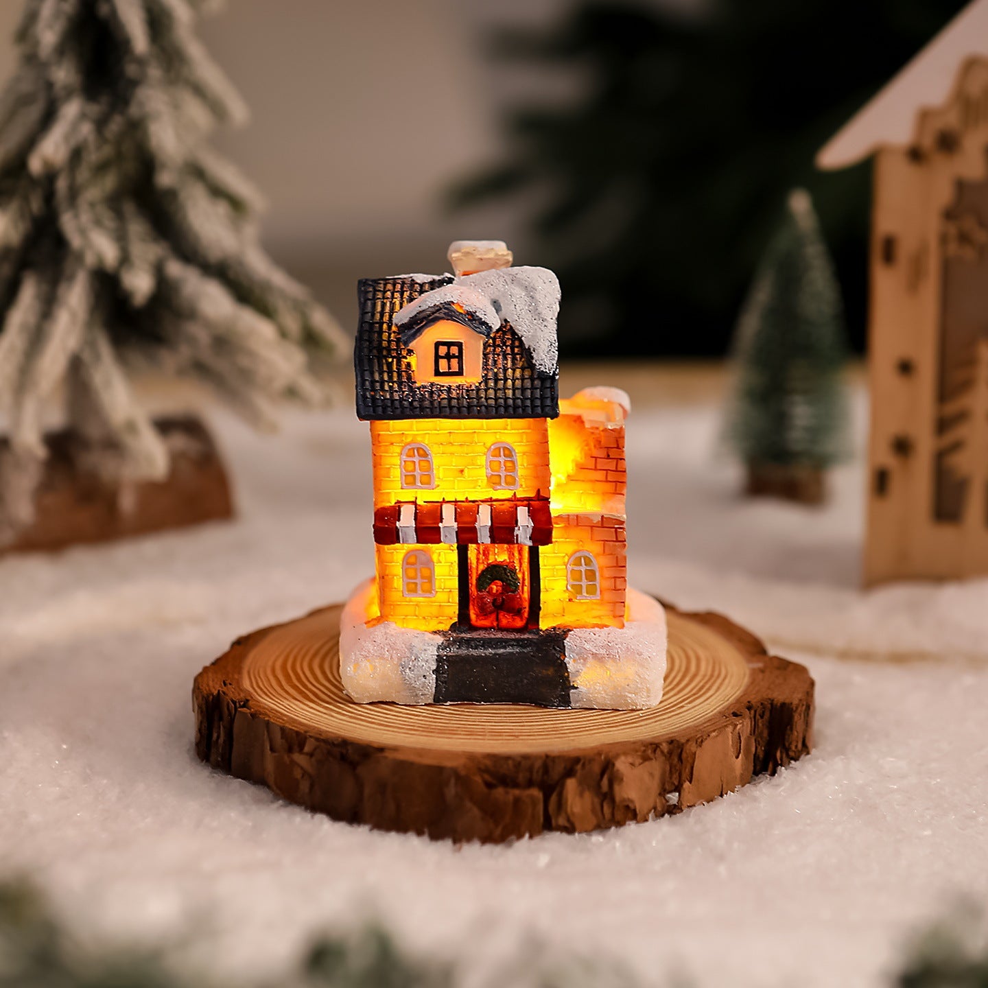 Cross-Border New Christmas Decorations Resin Christmas Small House Micro Landscape Luminous Snow House Ornaments Christmas Gifts