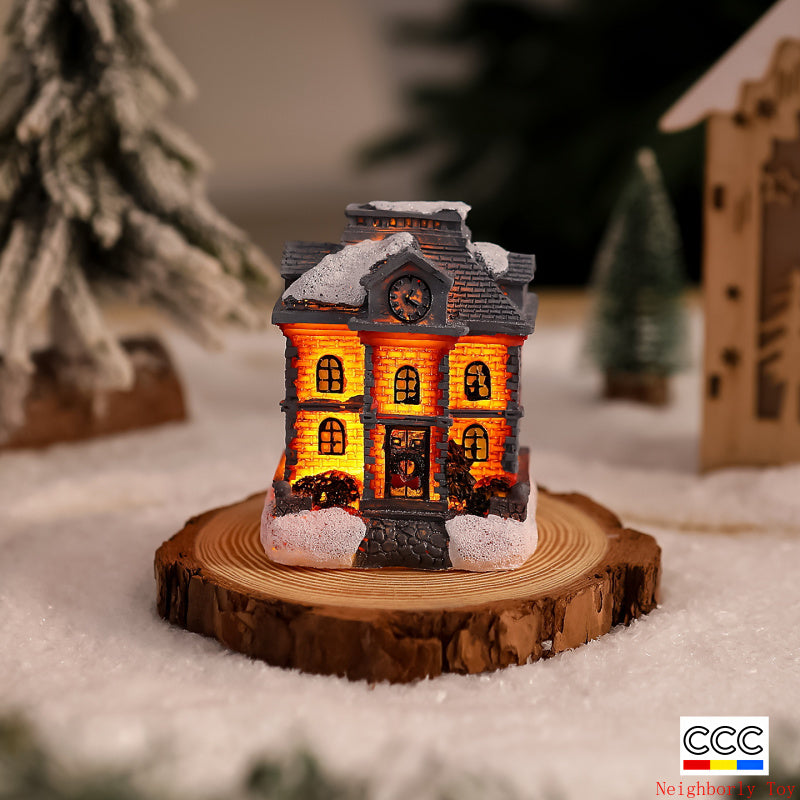 Cross-Border New Christmas Decorations Resin Christmas Small House Micro Landscape Luminous Snow House Ornaments Christmas Gifts