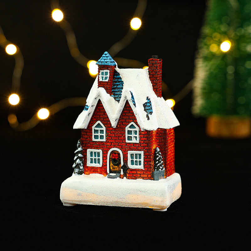 Cross-Border New Christmas Decorations Resin Christmas Small House Micro Landscape Luminous Snow House Ornaments Christmas Gifts
