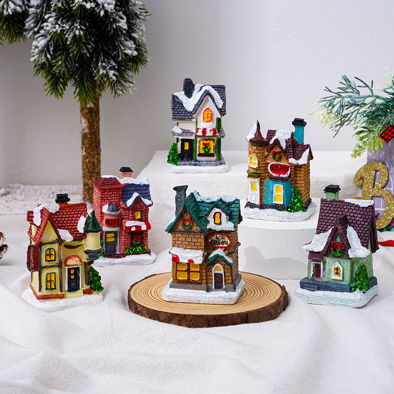 Cross-Border New Christmas Decorations Resin Christmas Small House Micro Landscape Luminous Snow House Ornaments Christmas Gifts