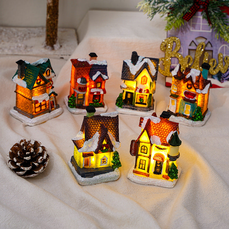 Cross-Border New Christmas Decorations Resin Christmas Small House Micro Landscape Luminous Snow House Ornaments Christmas Gifts