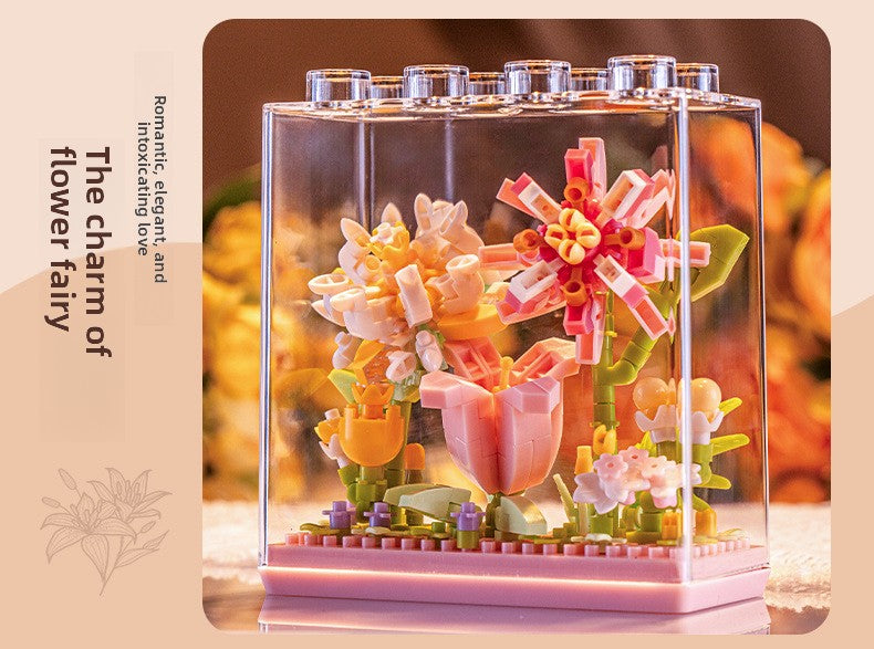 Cross-Border Building Blocks Eternal Flower Transparent Building Blocks Display Cover Home Decoration Desktop Trendy Assembly Toys Gift Wholesale