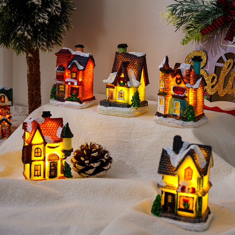 Cross-Border New Christmas Decorations Resin Christmas Small House Micro Landscape Luminous Snow House Ornaments Christmas Gifts