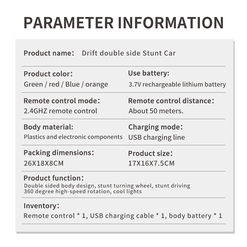 Cross-Border Double-Sided Stunt Car High-Speed 360-Degree Rotating Tumbling Car with Lights Children's Remote Control Car Toy Manufacturer
