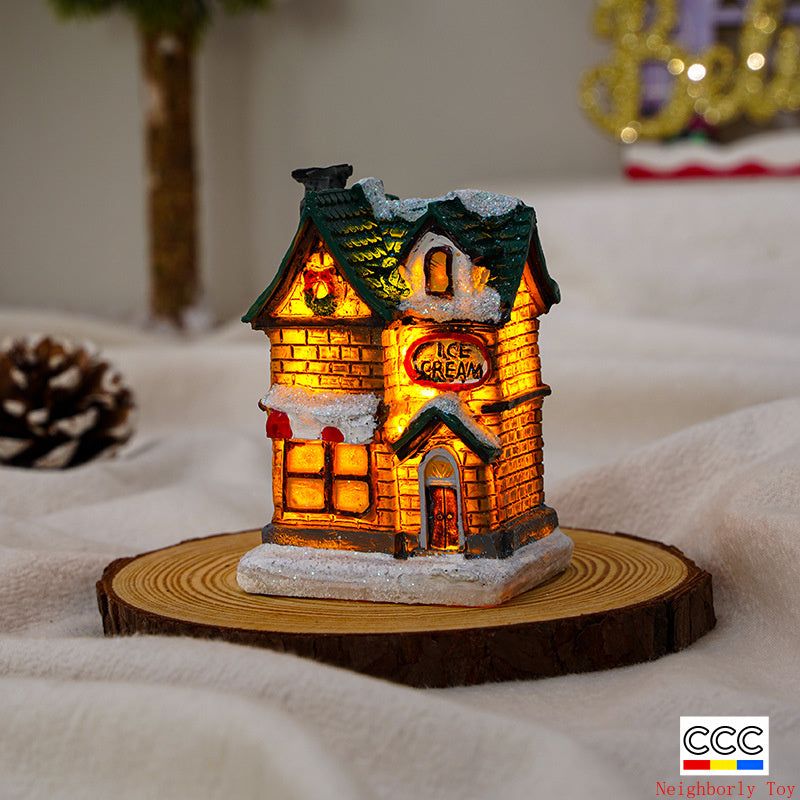Cross-Border New Christmas Decorations Resin Christmas Small House Micro Landscape Luminous Snow House Ornaments Christmas Gifts