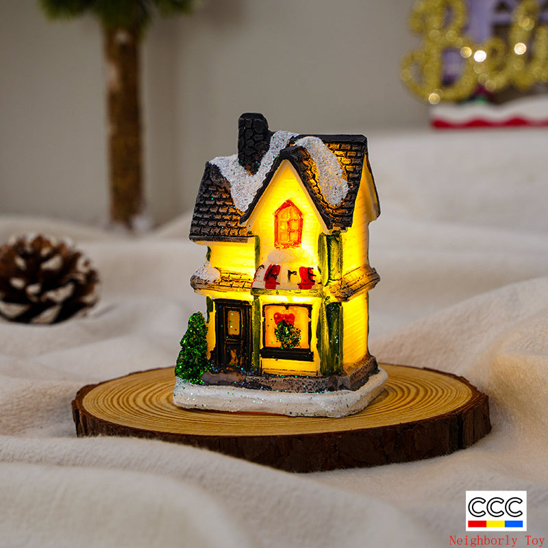 Cross-Border New Christmas Decorations Resin Christmas Small House Micro Landscape Luminous Snow House Ornaments Christmas Gifts