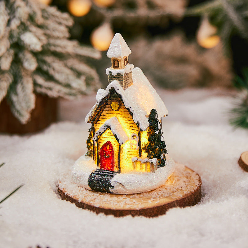 Cross-Border New Christmas Decorations Resin Christmas Small House Micro Landscape Luminous Snow House Ornaments Christmas Gifts