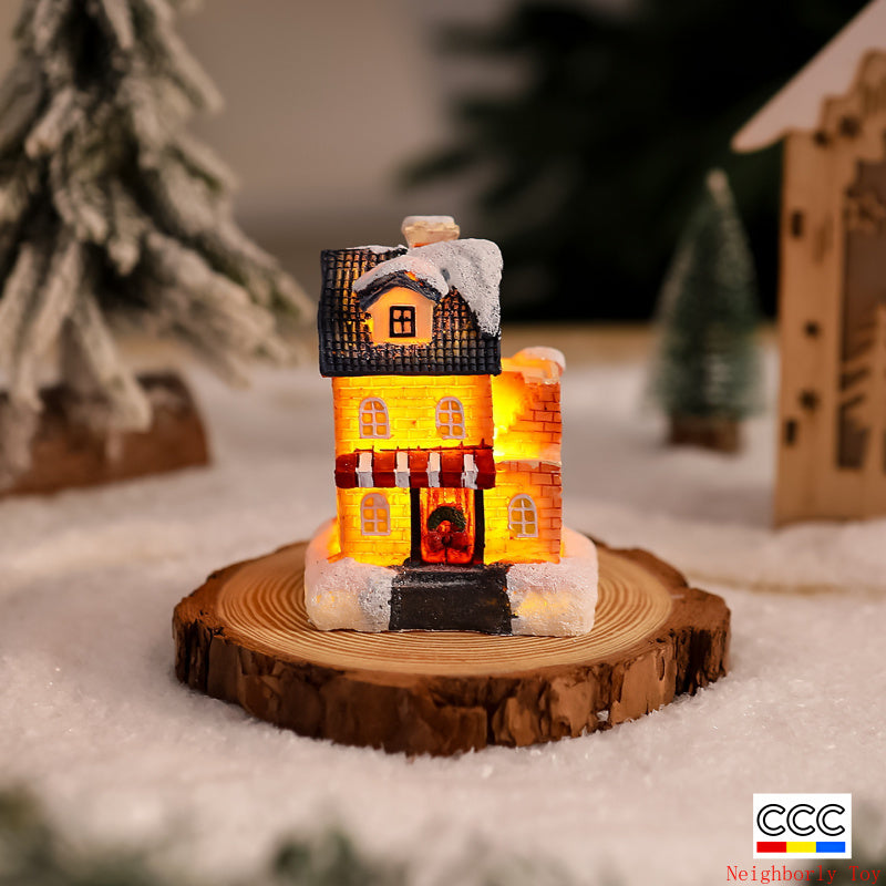 Cross-Border New Christmas Decorations Resin Christmas Small House Micro Landscape Luminous Snow House Ornaments Christmas Gifts