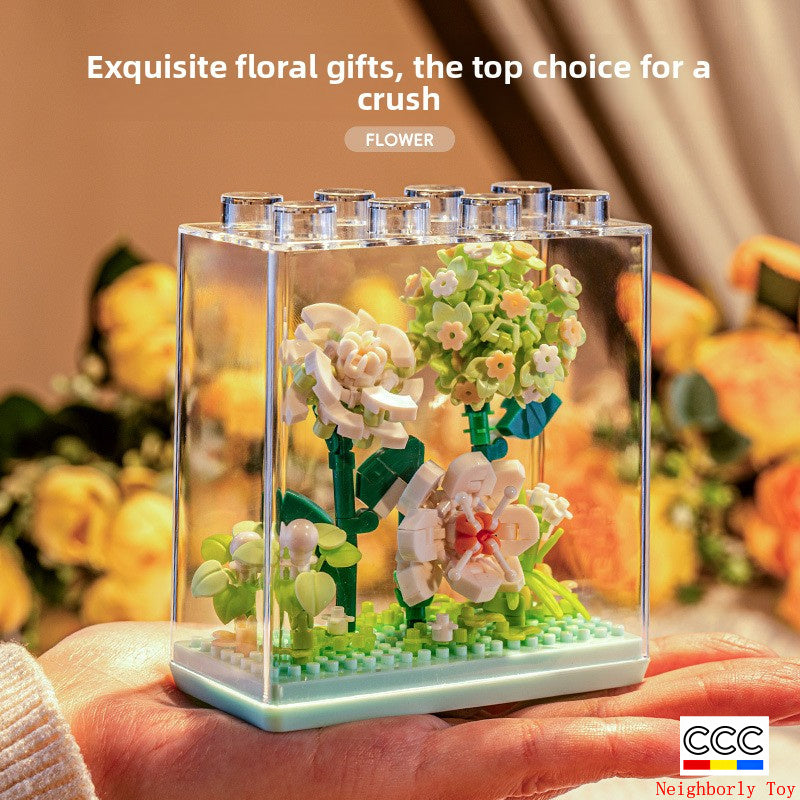 Cross-Border Building Blocks Eternal Flower Transparent Building Blocks Display Cover Home Decoration Desktop Trendy Assembly Toys Gift Wholesale