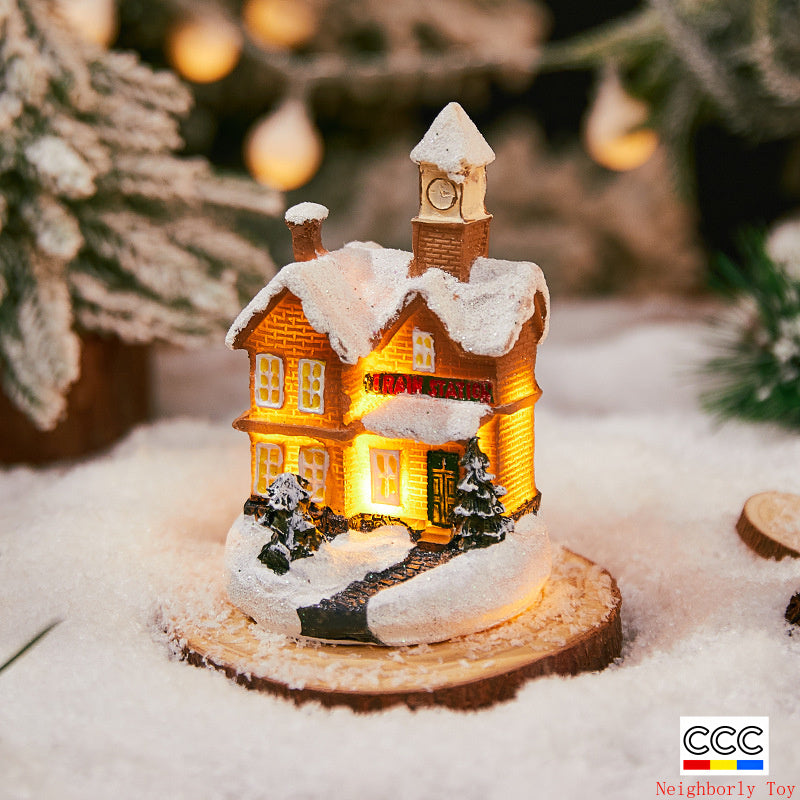 Cross-Border New Christmas Decorations Resin Christmas Small House Micro Landscape Luminous Snow House Ornaments Christmas Gifts