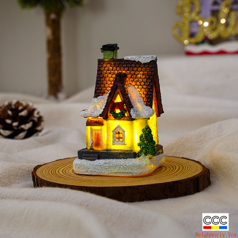 Cross-Border New Christmas Decorations Resin Christmas Small House Micro Landscape Luminous Snow House Ornaments Christmas Gifts