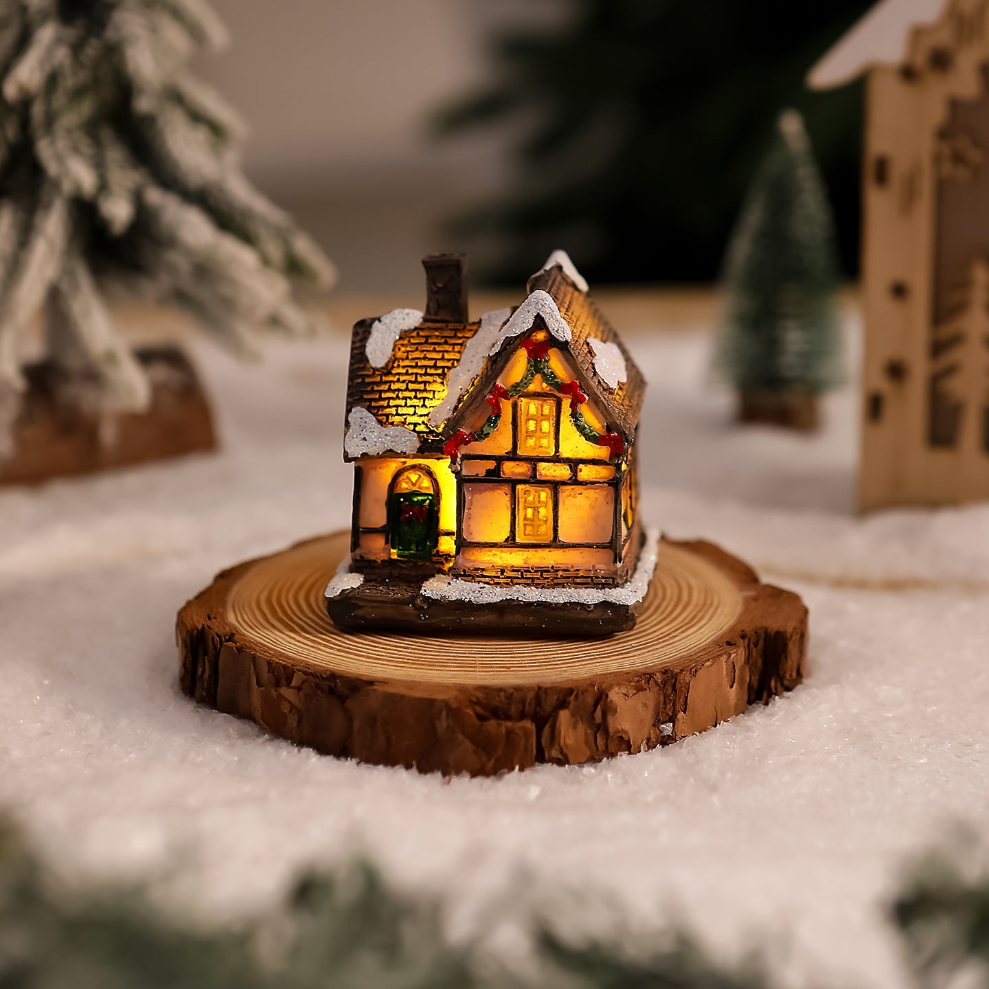 Cross-Border New Christmas Decorations Resin Christmas Small House Micro Landscape Luminous Snow House Ornaments Christmas Gifts