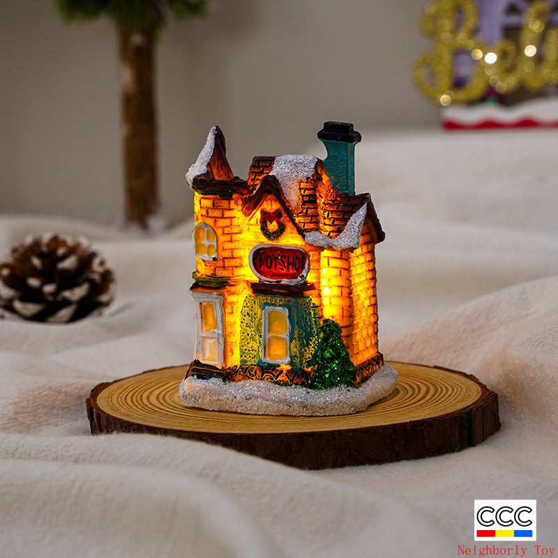 Cross-Border New Christmas Decorations Resin Christmas Small House Micro Landscape Luminous Snow House Ornaments Christmas Gifts