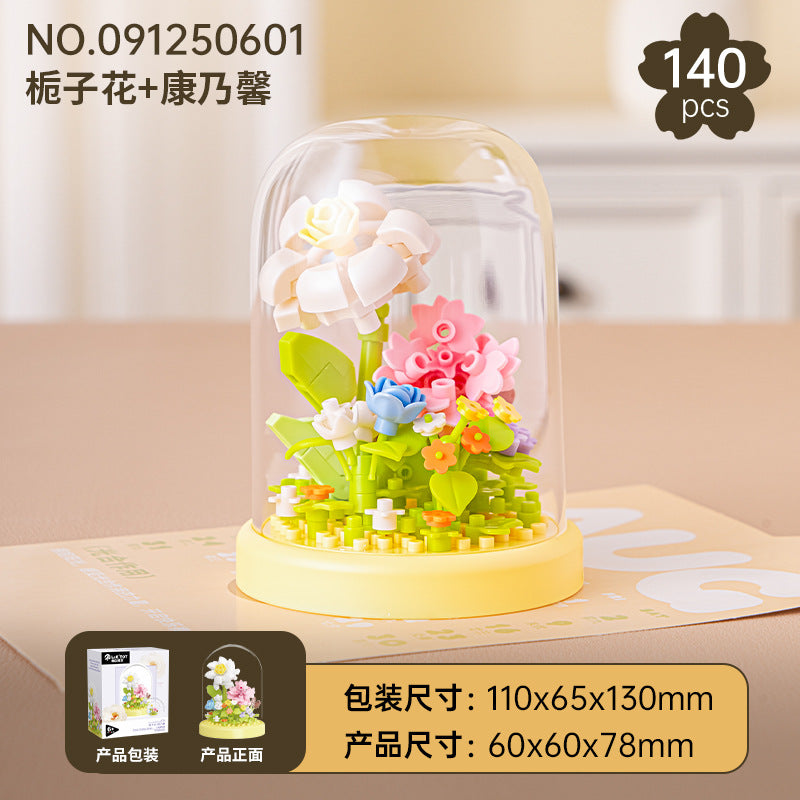 Cross-Border Building Blocks Eternal Flower Transparent Building Blocks Display Cover Home Decoration Desktop Trendy Assembly Toys Gift Wholesale