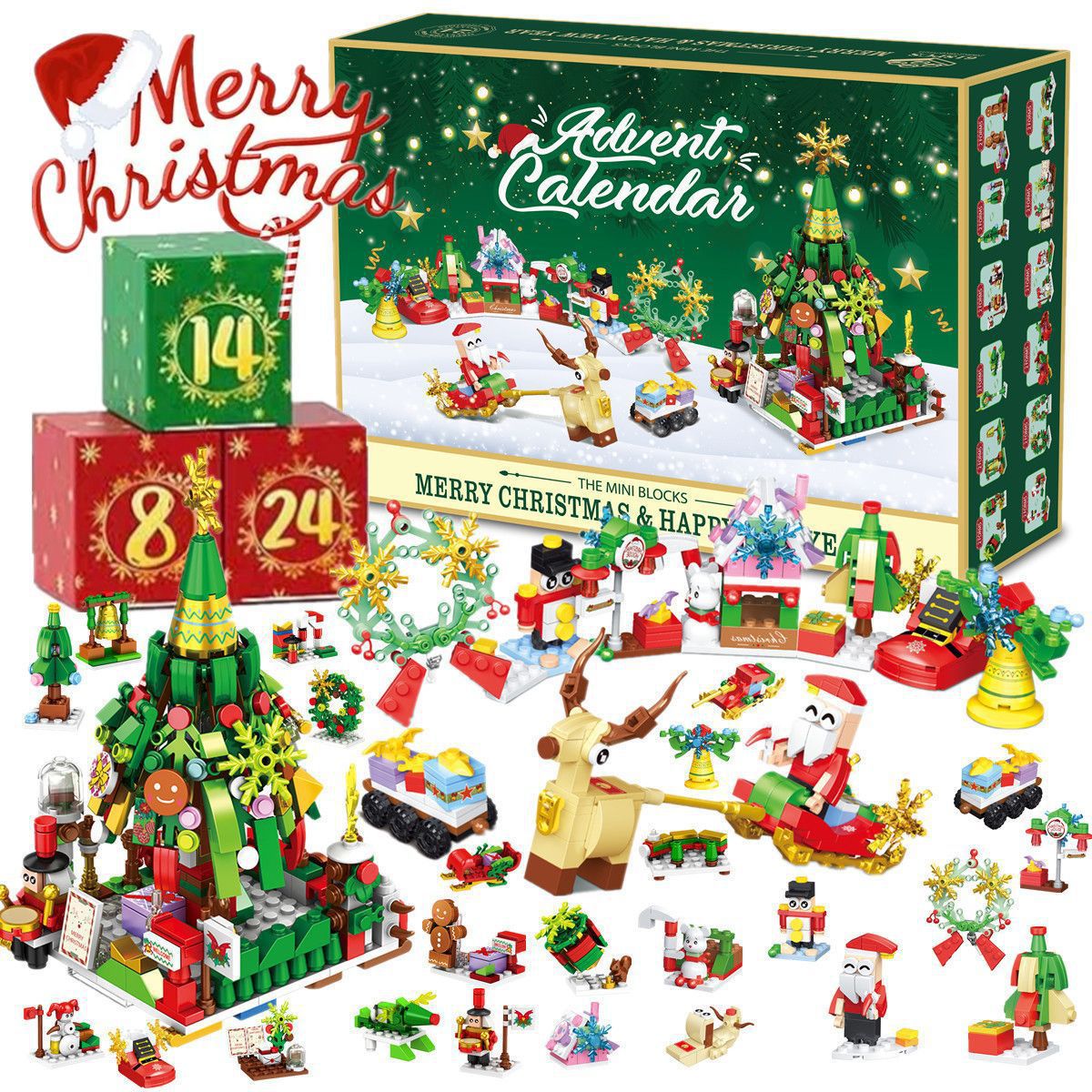 Building Blocks Christmas Calendar Blind Box Countdown 24 Grids Children's DIY Car Dinosaur Building Blocks Tear-off Blind Box