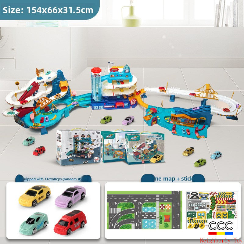 Children's Dinosaur Winding Road City Combination Track Car Adventure Parking Building Educational Toy for Boys