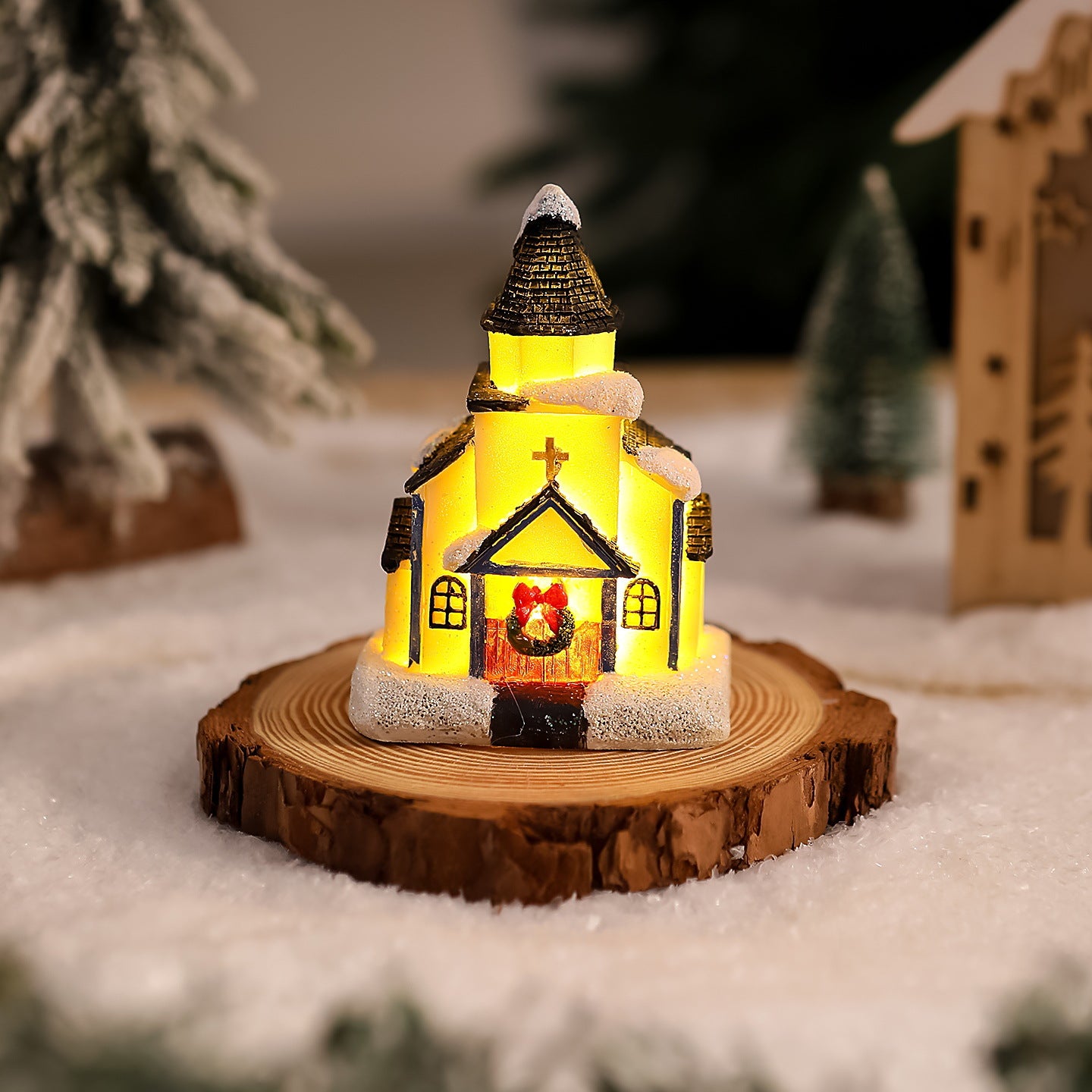 Cross-Border New Christmas Decorations Resin Christmas Small House Micro Landscape Luminous Snow House Ornaments Christmas Gifts