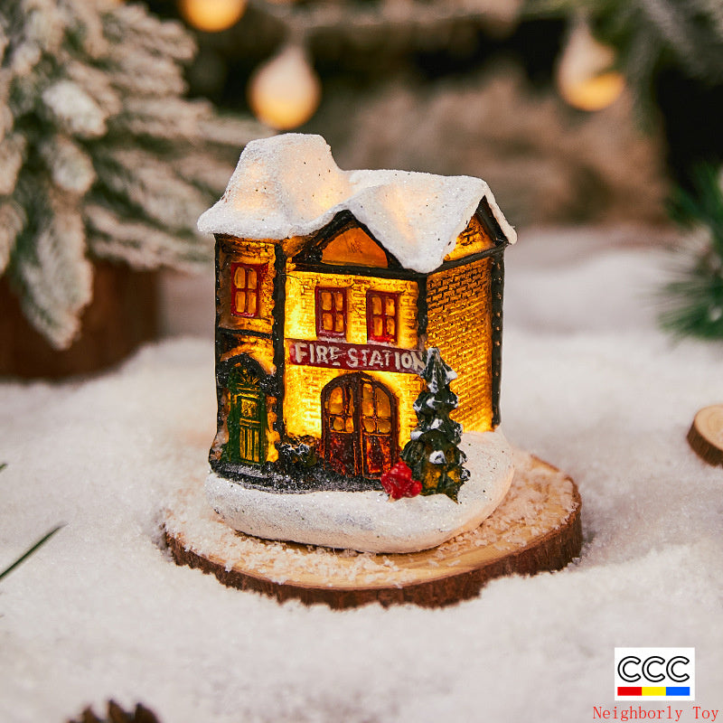 Cross-Border New Christmas Decorations Resin Christmas Small House Micro Landscape Luminous Snow House Ornaments Christmas Gifts