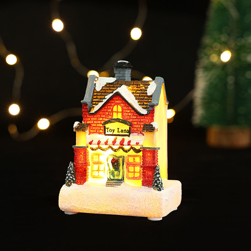 Cross-Border New Christmas Decorations Resin Christmas Small House Micro Landscape Luminous Snow House Ornaments Christmas Gifts
