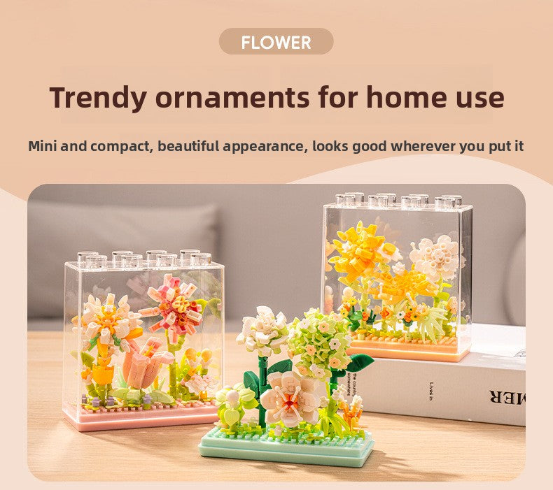 Cross-Border Building Blocks Eternal Flower Transparent Building Blocks Display Cover Home Decoration Desktop Trendy Assembly Toys Gift Wholesale