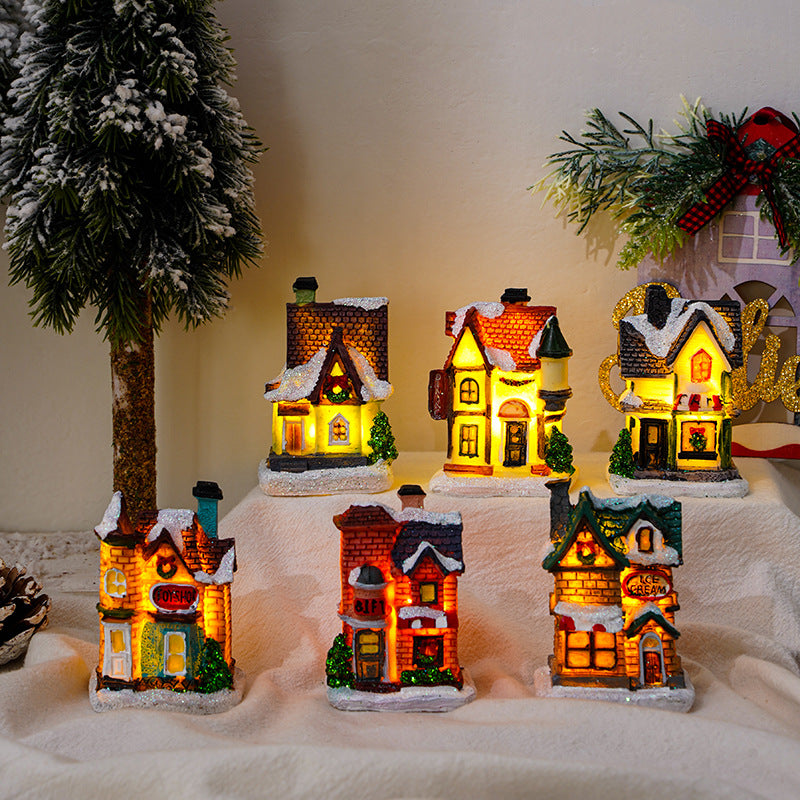 Cross-Border New Christmas Decorations Resin Christmas Small House Micro Landscape Luminous Snow House Ornaments Christmas Gifts