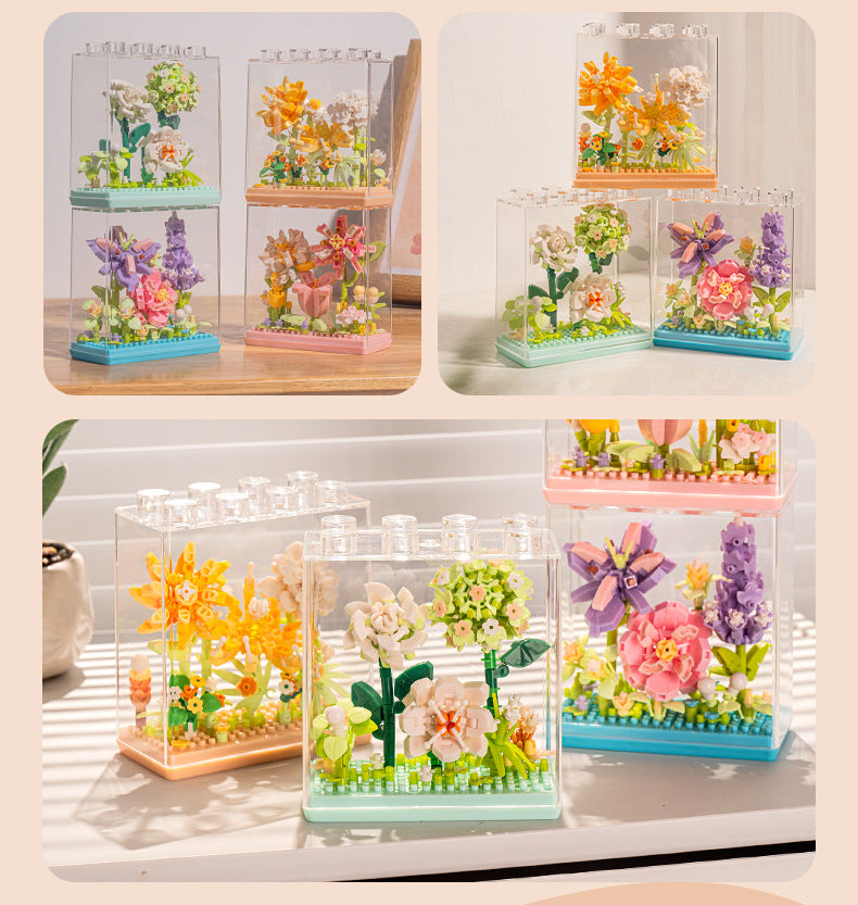 Cross-Border Building Blocks Eternal Flower Transparent Building Blocks Display Cover Home Decoration Desktop Trendy Assembly Toys Gift Wholesale