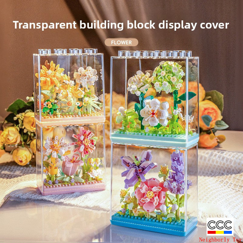 Cross-Border Building Blocks Eternal Flower Transparent Building Blocks Display Cover Home Decoration Desktop Trendy Assembly Toys Gift Wholesale