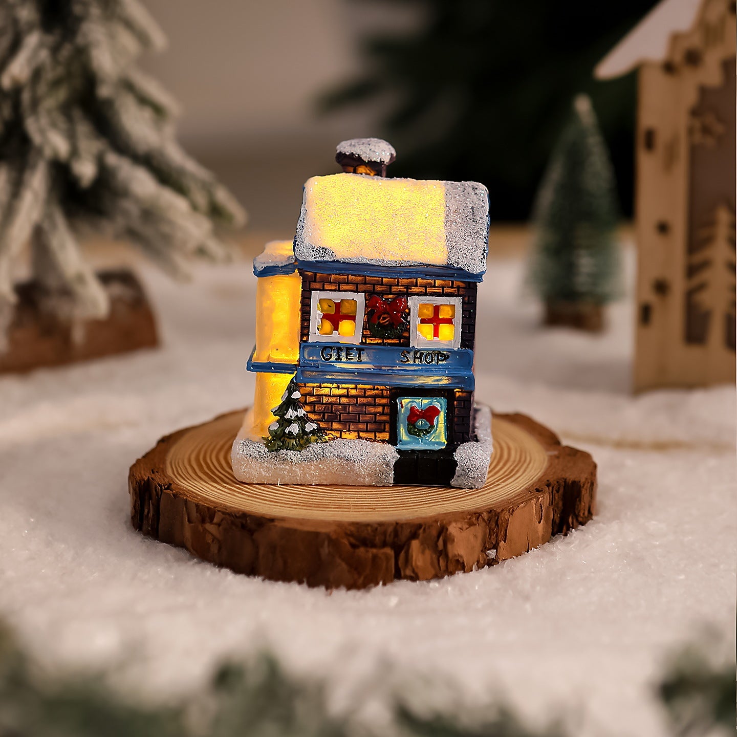Cross-Border New Christmas Decorations Resin Christmas Small House Micro Landscape Luminous Snow House Ornaments Christmas Gifts