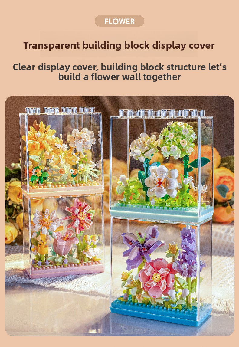 Cross-Border Building Blocks Eternal Flower Transparent Building Blocks Display Cover Home Decoration Desktop Trendy Assembly Toys Gift Wholesale