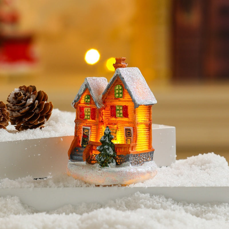 Cross-Border New Christmas Decorations Resin Christmas Small House Micro Landscape Luminous Snow House Ornaments Christmas Gifts