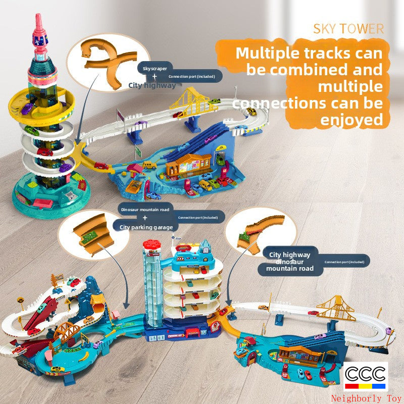 Children's Dinosaur Winding Road City Combination Track Car Adventure Parking Building Educational Toy for Boys