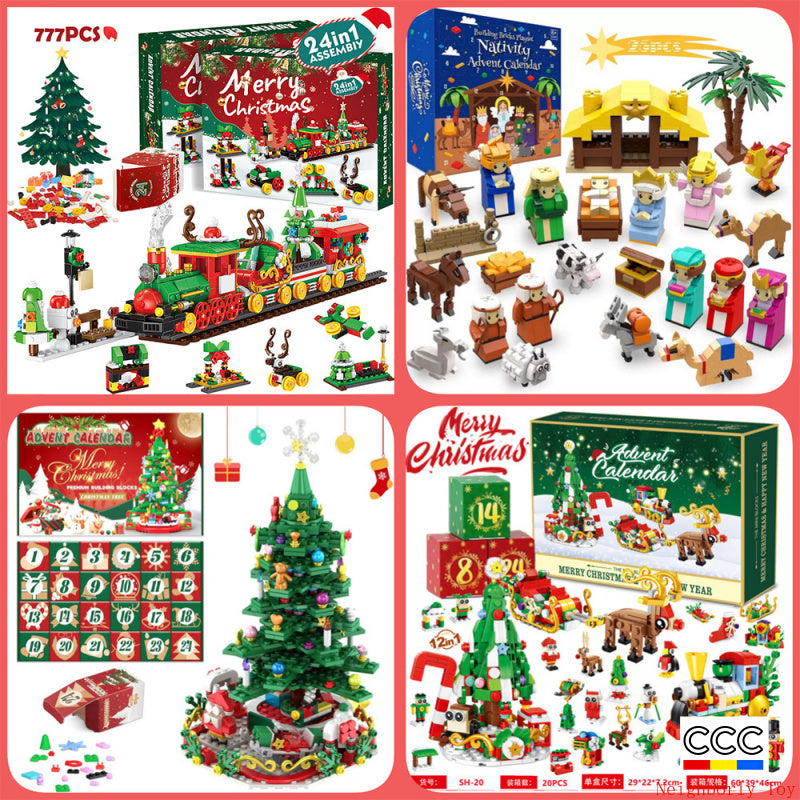 Building Blocks Christmas Calendar Blind Box Countdown 24 Grids Children's DIY Car Dinosaur Building Blocks Tear-off Blind Box