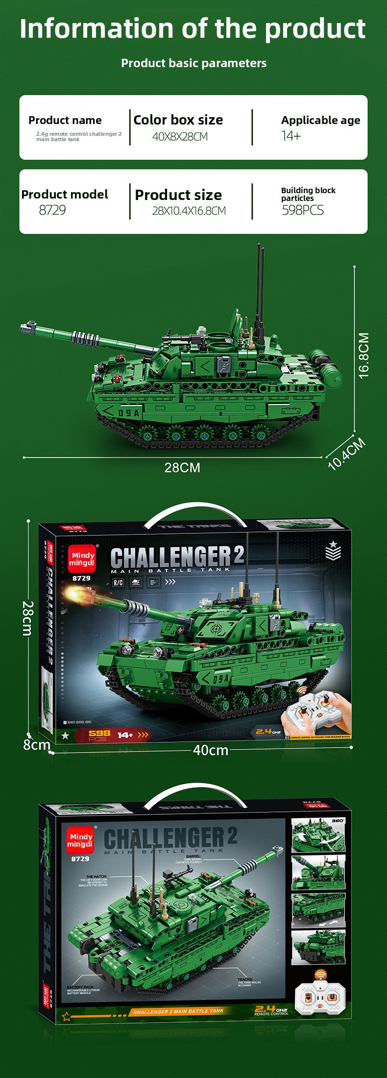 Mingdi 2.4G Remote Control Building Blocks 99A Tank Military Model Compatible with Lego Assembly Children's Toys Student Gift
