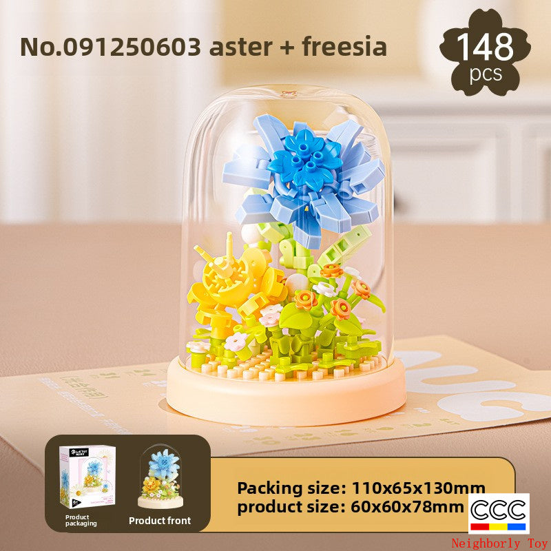 Cross-Border Building Blocks Eternal Flower Transparent Building Blocks Display Cover Home Decoration Desktop Trendy Assembly Toys Gift Wholesale