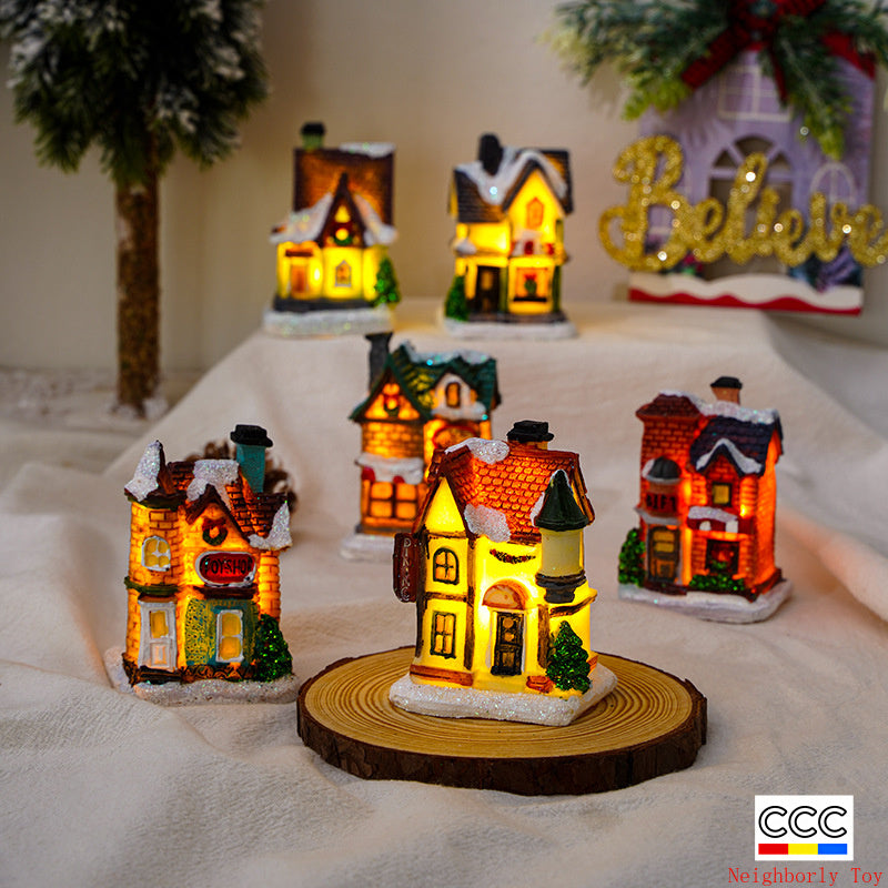 Cross-Border New Christmas Decorations Resin Christmas Small House Micro Landscape Luminous Snow House Ornaments Christmas Gifts