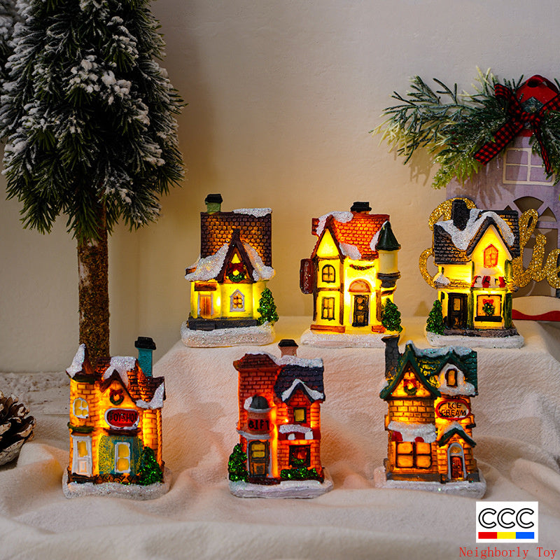 Cross-Border New Christmas Decorations Resin Christmas Small House Micro Landscape Luminous Snow House Ornaments Christmas Gifts