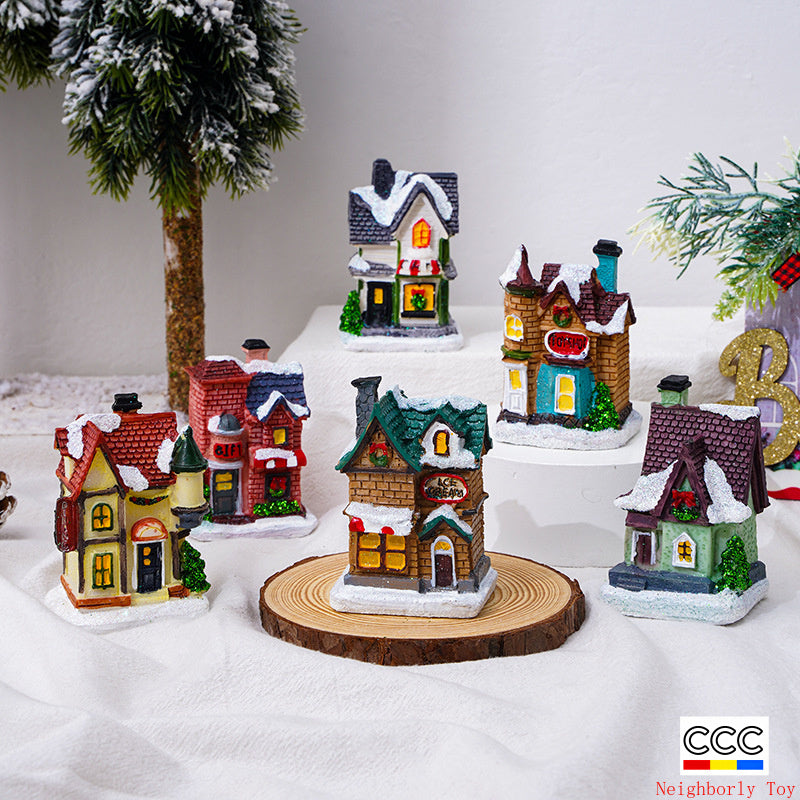 Cross-Border New Christmas Decorations Resin Christmas Small House Micro Landscape Luminous Snow House Ornaments Christmas Gifts