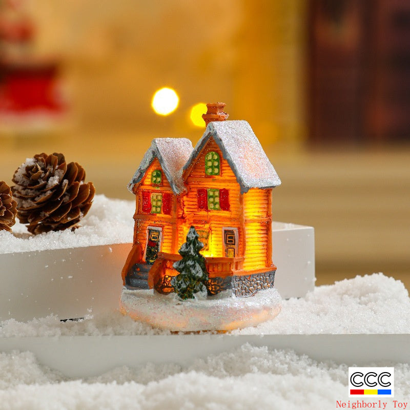 Cross-Border New Christmas Decorations Resin Christmas Small House Micro Landscape Luminous Snow House Ornaments Christmas Gifts