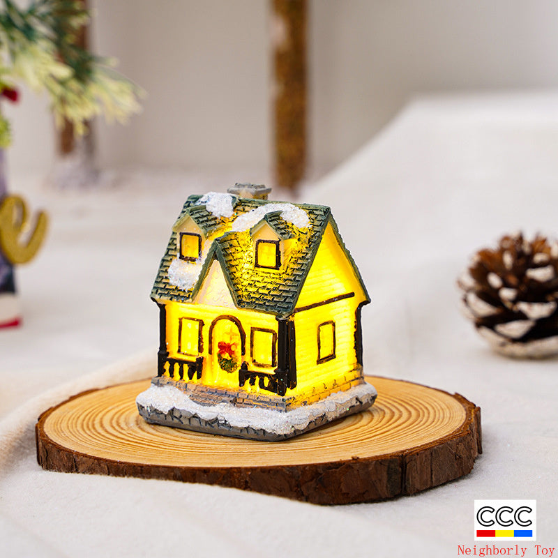 Cross-Border New Christmas Decorations Resin Christmas Small House Micro Landscape Luminous Snow House Ornaments Christmas Gifts