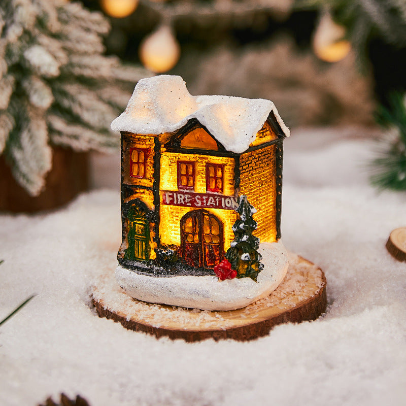 Cross-Border New Christmas Decorations Resin Christmas Small House Micro Landscape Luminous Snow House Ornaments Christmas Gifts