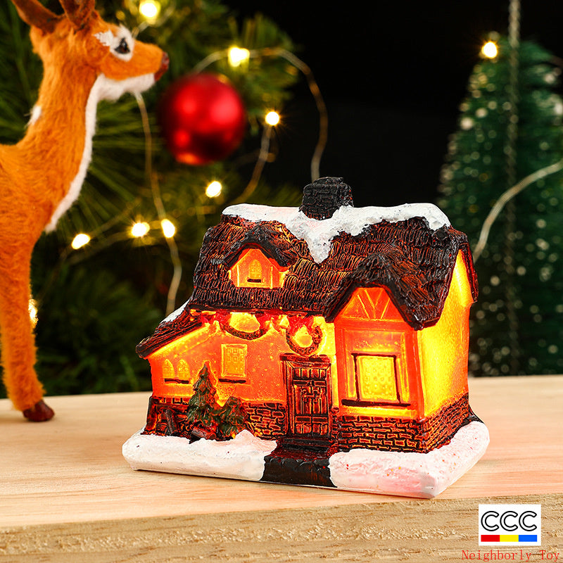Cross-Border New Christmas Decorations Resin Christmas Small House Micro Landscape Luminous Snow House Ornaments Christmas Gifts